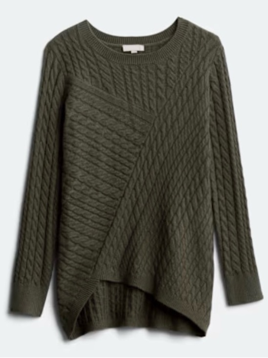 Evolution Sweaters - Evolution by Cyrus Aneesa Cable Knit Asymmetric Hem Sweater Olive Green Sz M